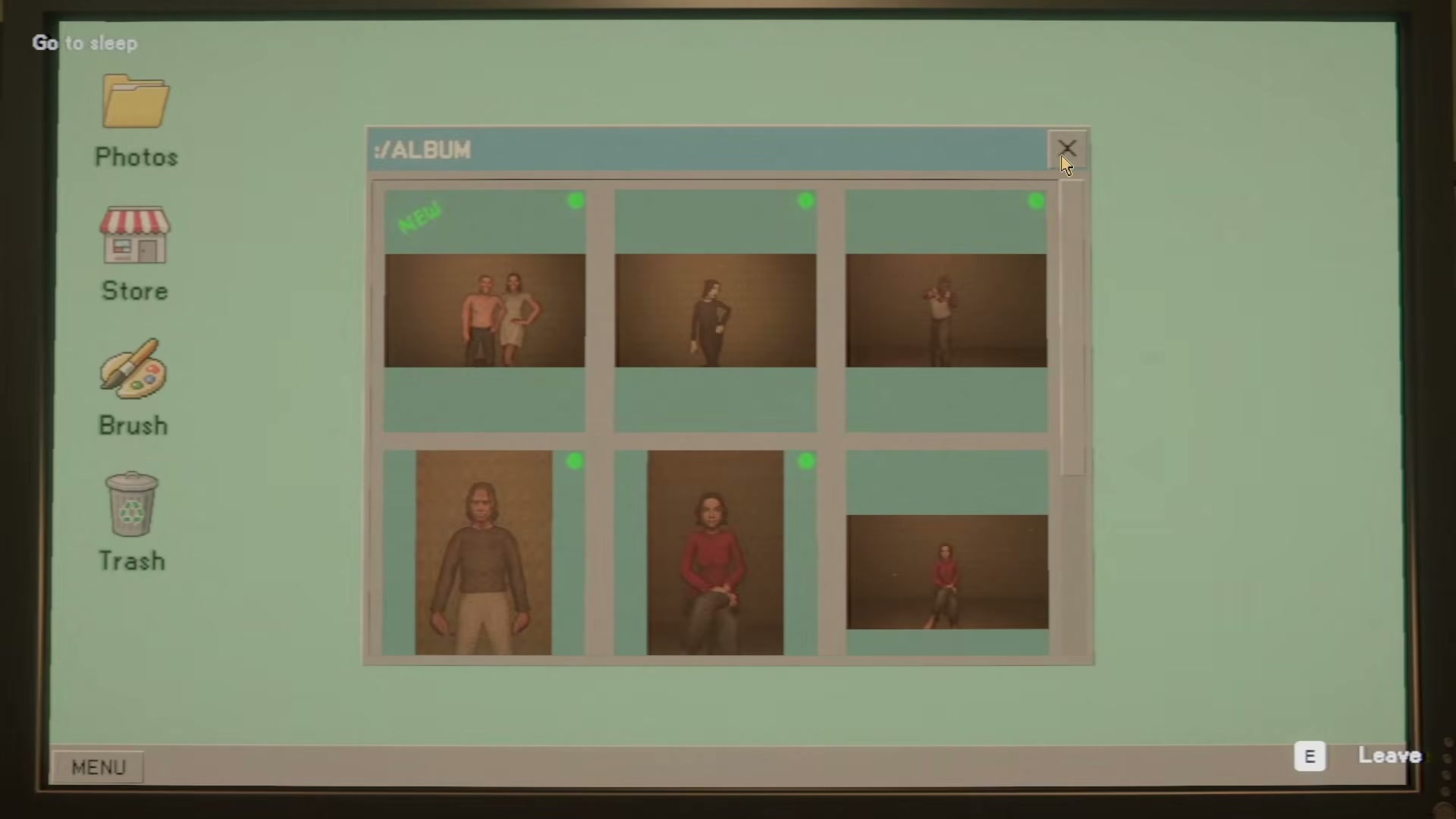 Photomaly gameplay reference frame showing the in-game computer sidebar with Photos, Store, Brush, Trash and Sec Cam.