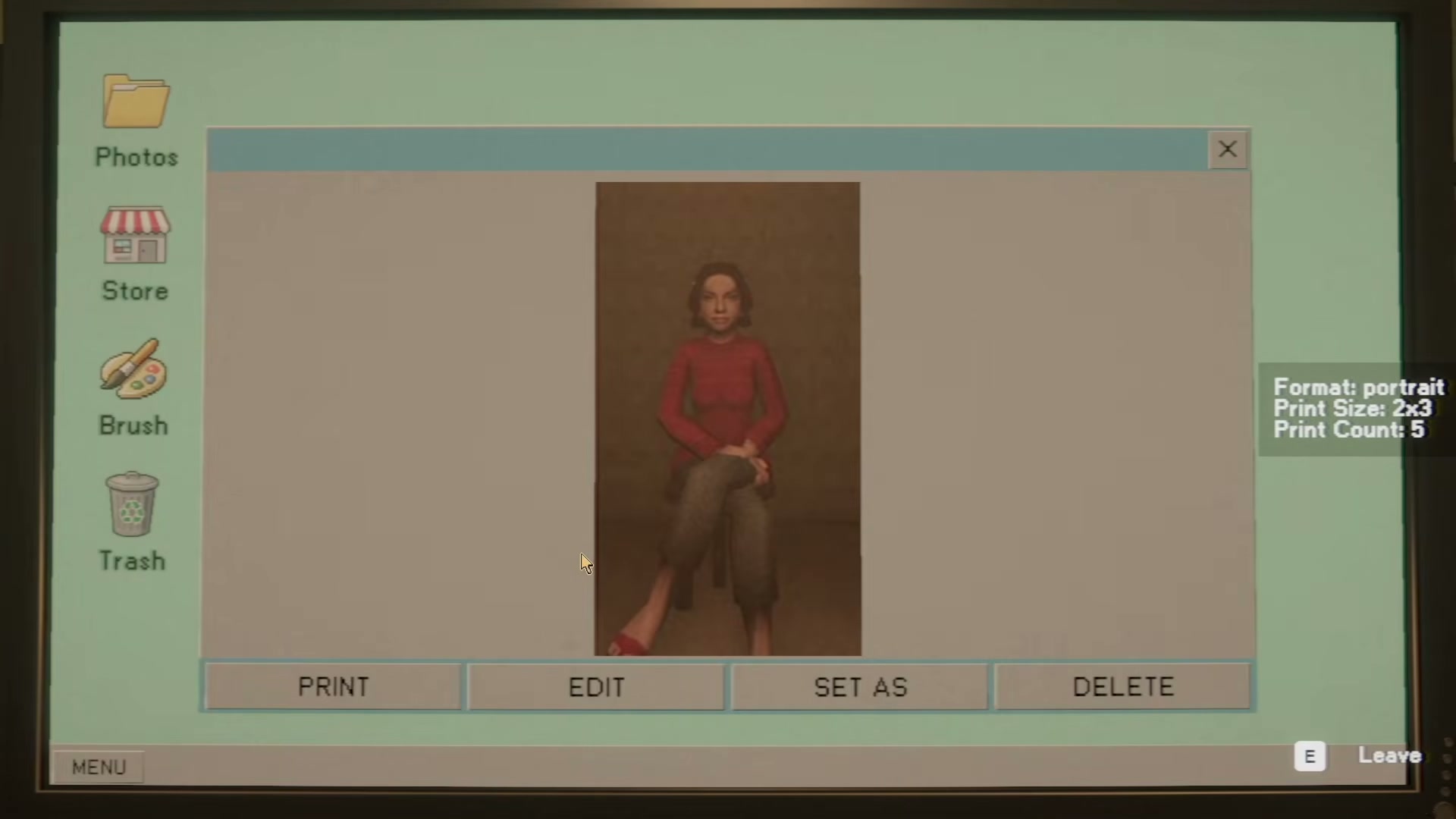 Photomaly gameplay reference frame of a camera viewfinder framing a standing customer in a different studio setup.